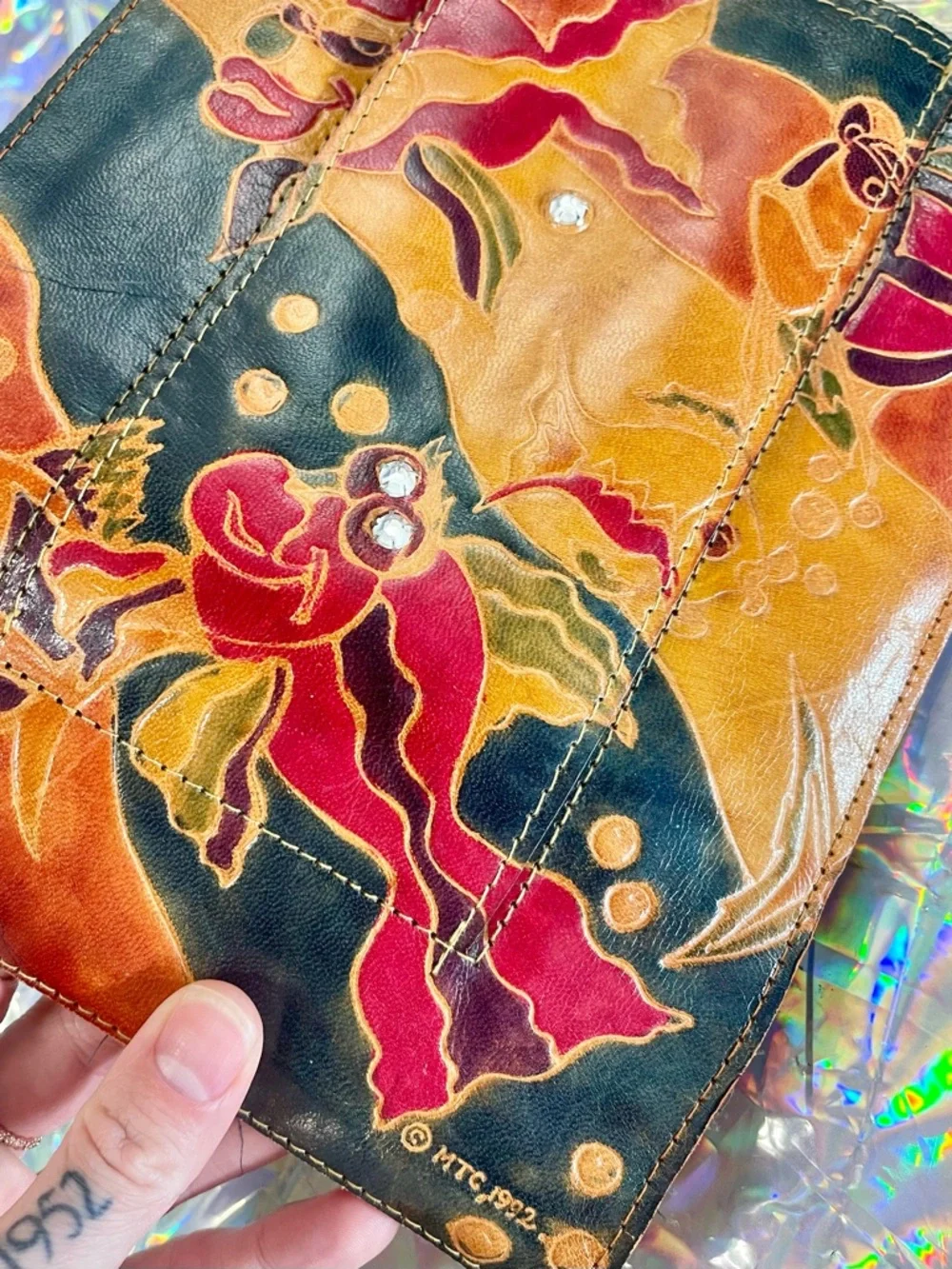Vintage 1992 Embossed Leather Mini Bag Abstract Art Faces Fish Design Folk Art